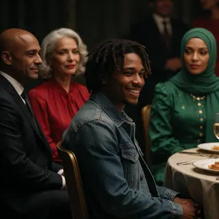 Four people at a dinner table: a bald man in a suit, a woman