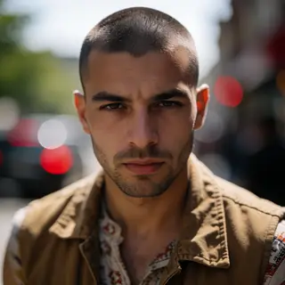 A street photograph with shallow depth of field as if shot a