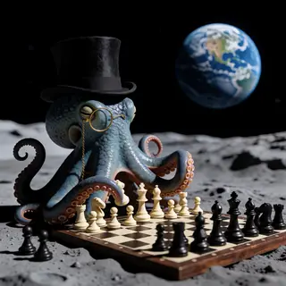 An octopus wearing a top hat and monocle playing chess on th