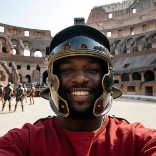A Roman gladiator taking a selfie with a smartphone in the C