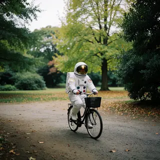 An astronaut in a spacesuit riding a bicycle through a park