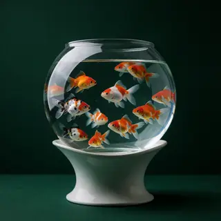 Exactly 9 goldfish swimming in a large round fishbowl