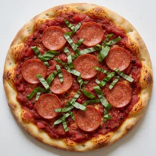 A pepperoni pizza with tomato sauce, basil, and crust but ab
