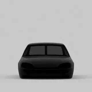 A car body with windows, doors, and headlights but no wheels