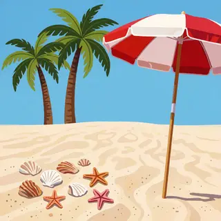 A sandy beach with palm trees, seashells, and a beach umbrel