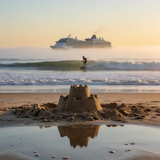 A beach scene with a sandcastle in the foreground, a surfer 