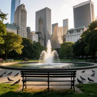 A city park with a park bench and pigeons in the foreground,