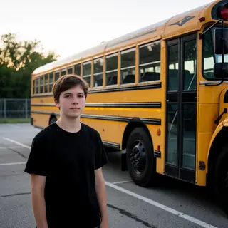 A person standing next to a yellow school bus, showing reali