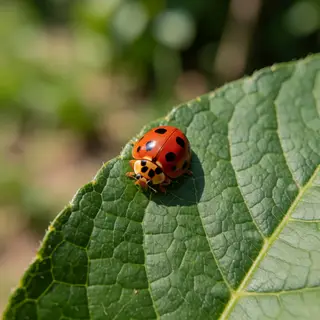 A ladybug sitting on a large green leaf, shown at realistic 
