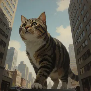 A giant tabby cat walking between city skyscrapers like a ka