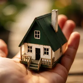 A miniature house sitting on the palm of someone's hand