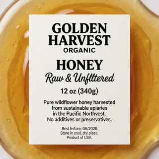A product label for 'GOLDEN HARVEST ORGANIC HONEY' with subt