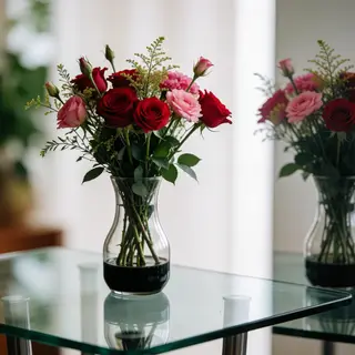 A vase of flowers on a glass table with a clear reflection v