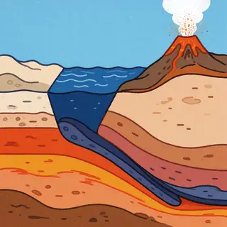 A cross-section showing tectonic plates at a convergent boun