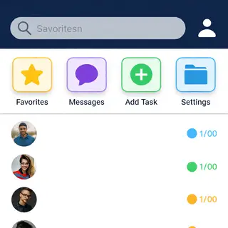 A mobile app UI mockup showing a dashboard with a top naviga
