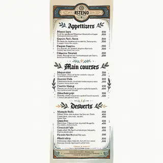 A restaurant menu layout with a logo header, three category 