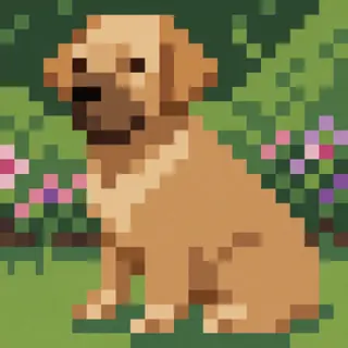 A golden retriever sitting in a garden, rendered in pixel ar