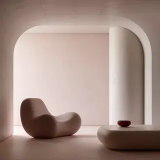 An interior scene rendered in soft brutalism — raw concrete 
