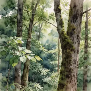 A forest rendered in photorealistic watercolor — the detail 