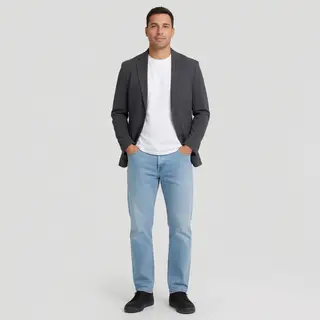 A man standing straight facing the camera, hands in pockets,