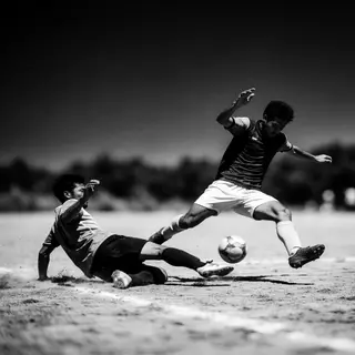 Two soccer players mid-tackle, one sliding and the other jum
