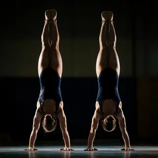 Two gymnasts performing a synchronized handstand, side by si