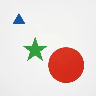 A large red circle, a small blue triangle, and a medium gree