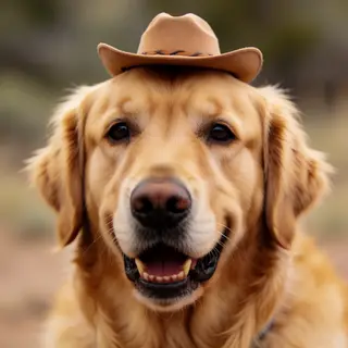 A golden retriever wearing a tiny cowboy hat