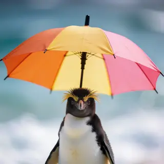 A penguin holding a colorful umbrella