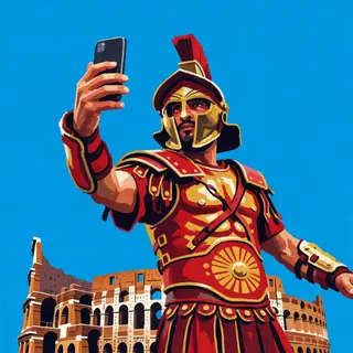 A Roman gladiator taking a selfie with a smartphone in the C