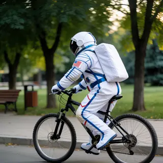 An astronaut in a spacesuit riding a bicycle through a park