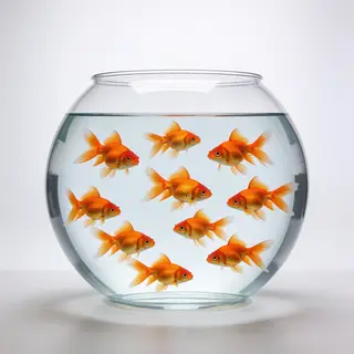 Exactly 9 goldfish swimming in a large round fishbowl
