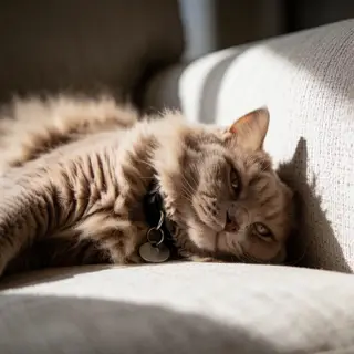 A cat lying on a couch without a collar