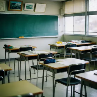 A classroom with desks and a chalkboard but no students