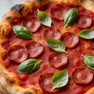 A pepperoni pizza with tomato sauce, basil, and crust but ab