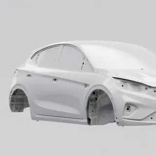 A car body with windows, doors, and headlights but no wheels
