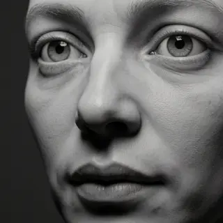 A human face with eyes, nose, and mouth but no eyebrows