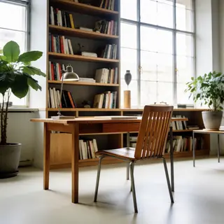 An office workspace with a desk, chair, bookshelf, and lamp 