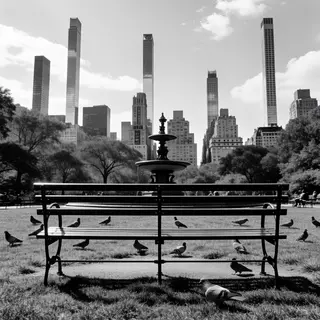 A city park with a park bench and pigeons in the foreground,