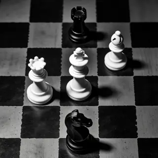 Five chess pieces on a board: a king in the center, a queen 