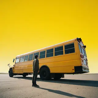 A person standing next to a yellow school bus, showing reali