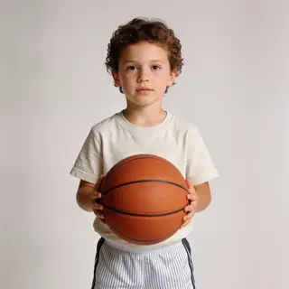 A child holding a basketball, both at correct relative sizes