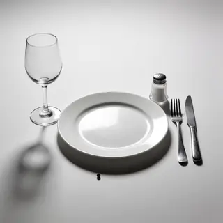 A dinner table scene with a plate, fork, knife, wine glass, 