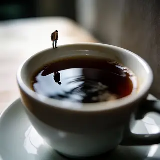 A tiny person standing on the rim of a coffee cup, looking d
