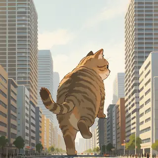 A giant tabby cat walking between city skyscrapers like a ka