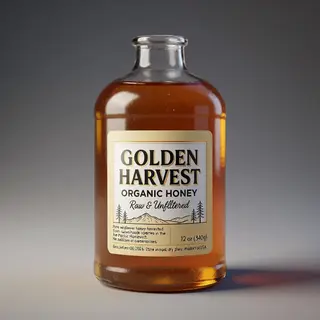 A product label for 'GOLDEN HARVEST ORGANIC HONEY' with subt