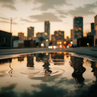 A city skyline reflected in a rain puddle on a street, with 