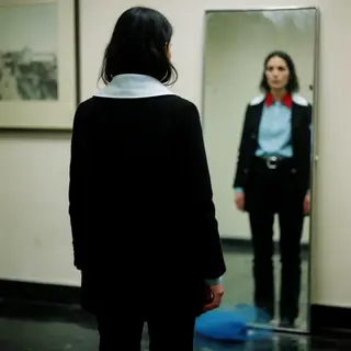 A woman standing in front of a full-length mirror, her refle