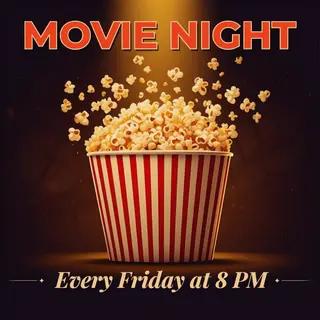 A movie night poster with a large popcorn image in the cente