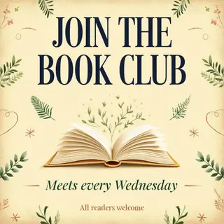 A book club poster with an open book illustration, the title